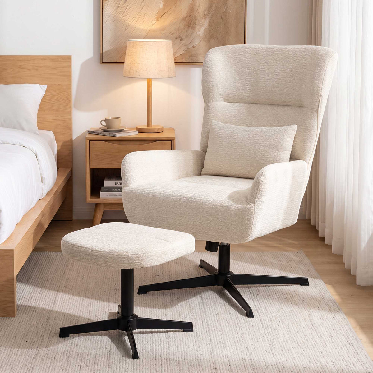 360 Swivel Lounge Chair with Ottoman, Adjustable Height, Cream