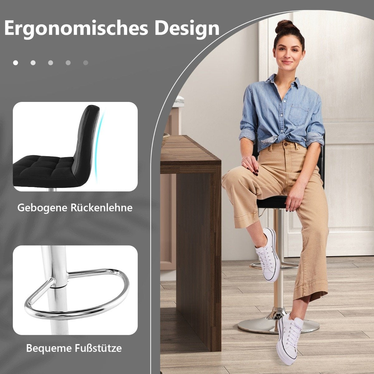 360° rotating bar stool made of faux leather, height-adjustable bar chair, stool, black