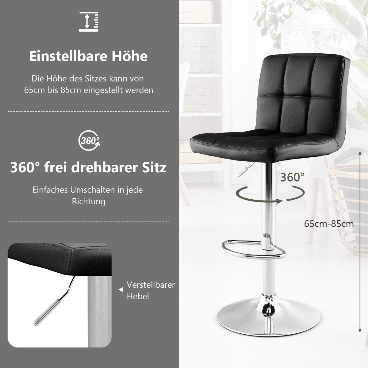 360° rotating bar stool made of faux leather, height-adjustable bar chair, stool, black