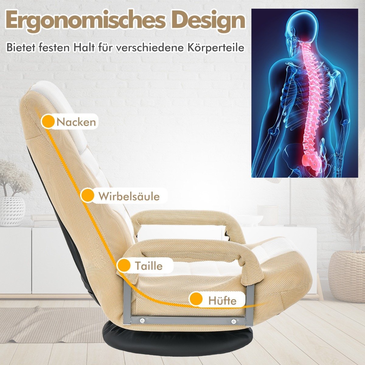 360° rotating floor chair with 6-way adjustable backrest floor chair beige