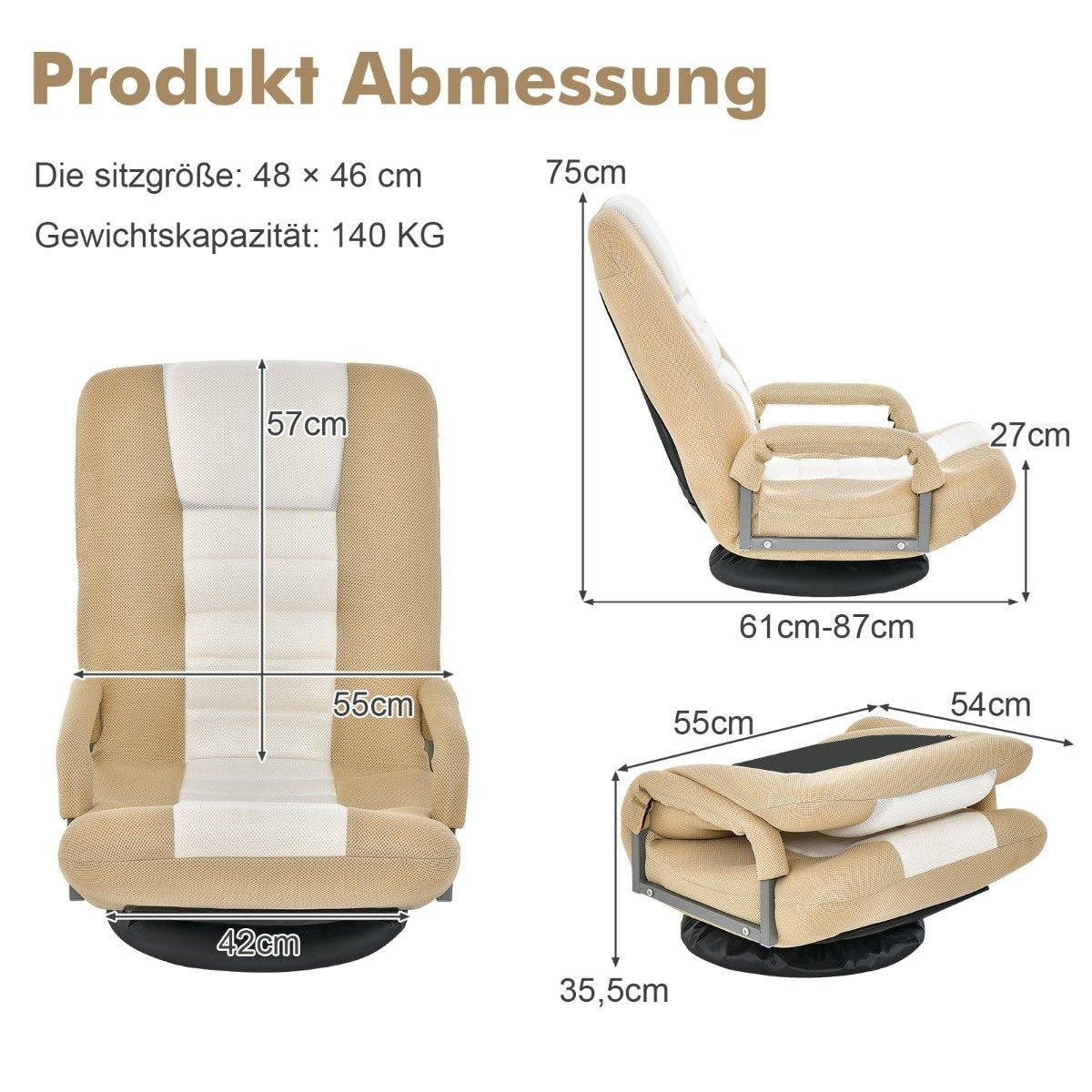 360° rotating floor chair with 6-way adjustable backrest floor chair beige