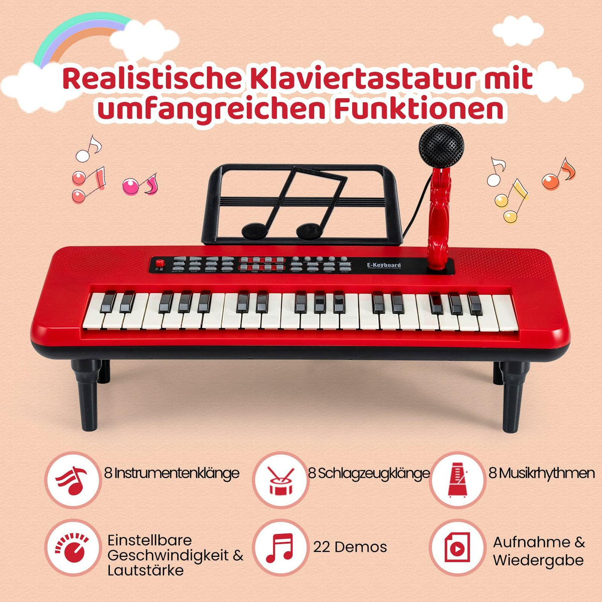 37-Key Kids Digital Piano with Mic & Stand, Red