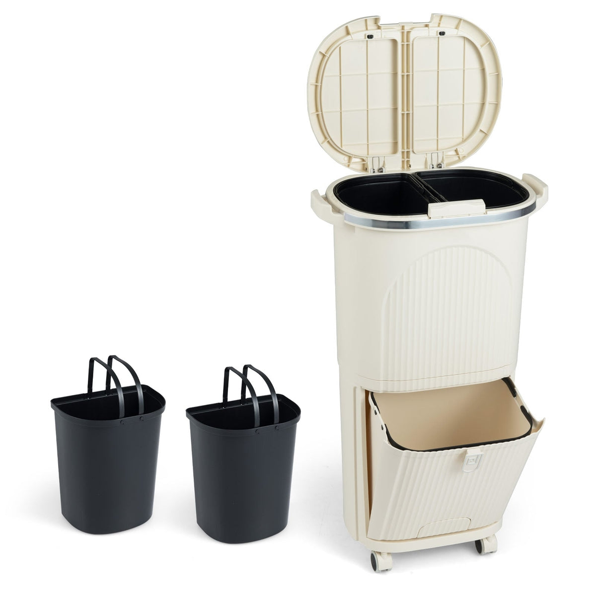38L Trash Bin with 2 Removable Buckets & Lid, Beige
