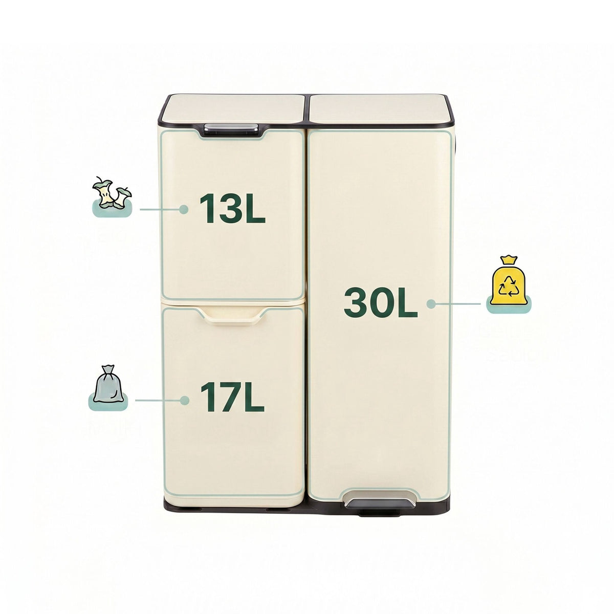 3-Compartment Kitchen Bin – Steel, Soft-Close, Pedal