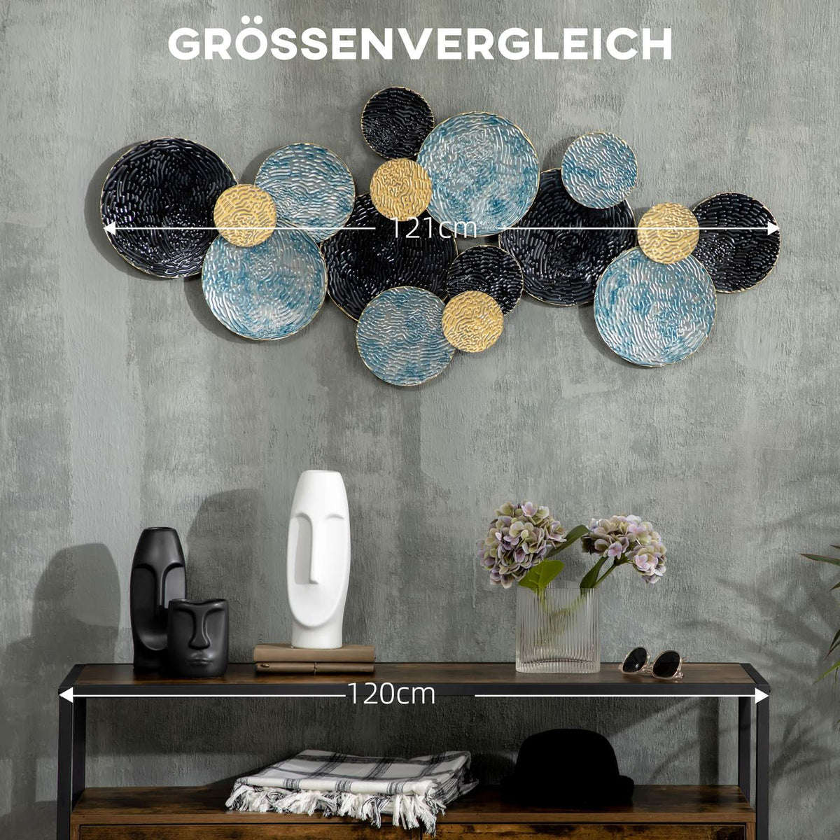 3D Wall Picture Metal Picture, Wall Sculpture, Living Room Art, Modern, 121X53Cm, Gold Black Blue