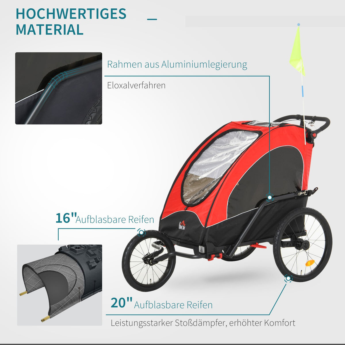 3 In 1 Children'S Trailer Aluminum Children'S Jogger Bicycle Trailer For 2 Children With Flag Red + Black 150 X 85 X 107 Cm