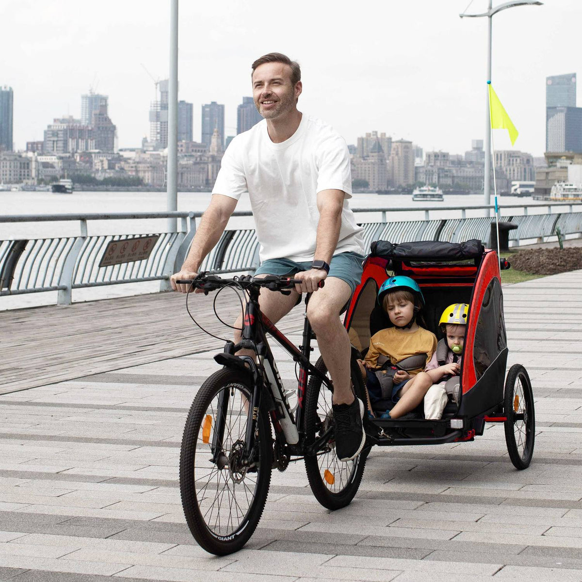 3 In 1 Children'S Trailer Aluminum Children'S Jogger Bicycle Trailer For 2 Children With Flag Red + Black 150 X 85 X 107 Cm