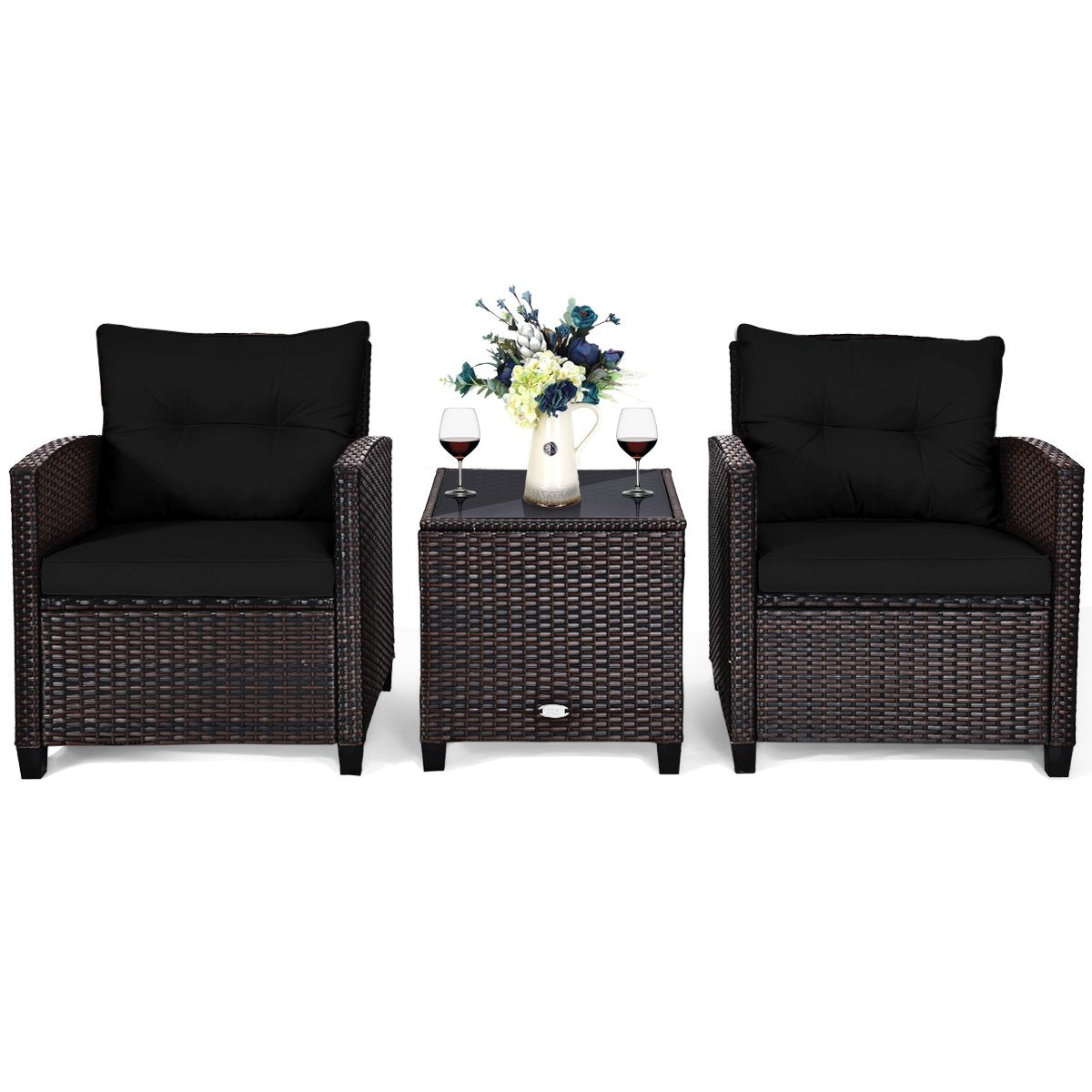 3 PCS. Rattan garden furniture set, balcony furniture, garden lounge with seat cushions and coffee table, black
