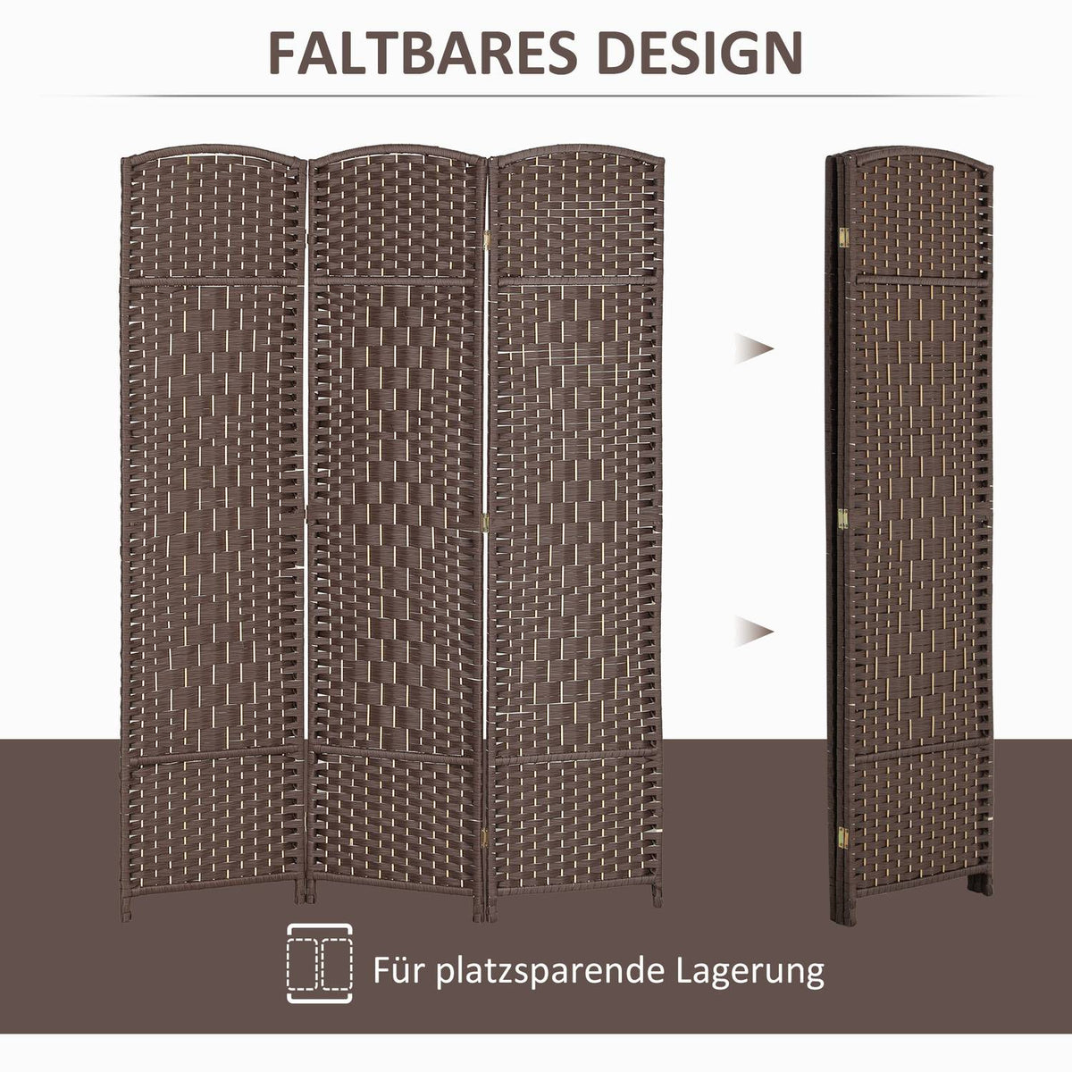 3-Panel Folding Room Divider, Brown Polypropylene, Pine Wood