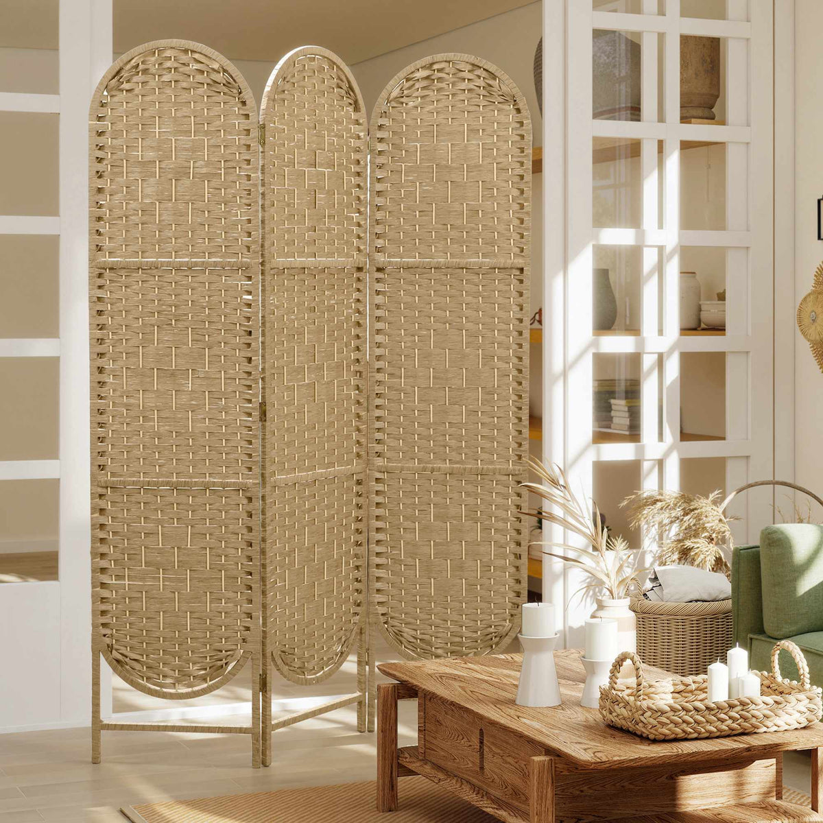 3-Panel Folding Room Divider with Arched Top, Natural Finish