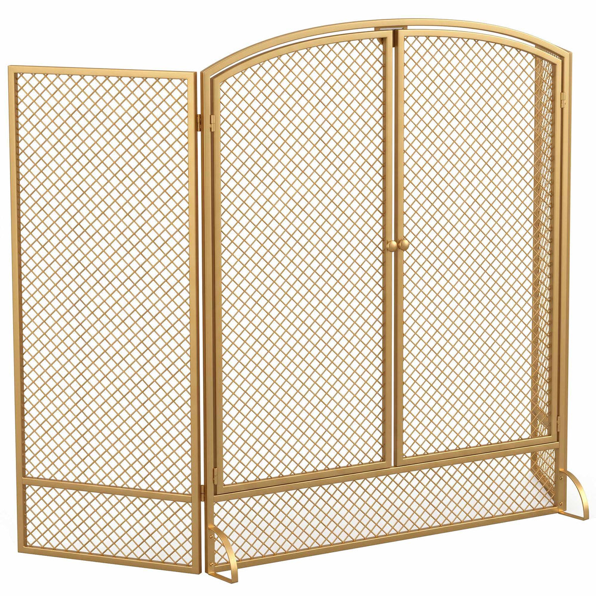 3-Panel Gold Metal Fireplace Screen with Double Doors
