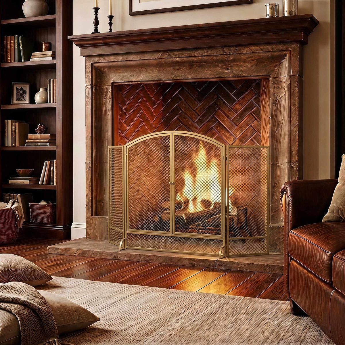 3-Panel Gold Metal Fireplace Screen with Double Doors
