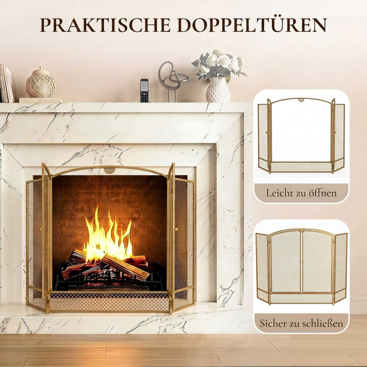 3-Panel Gold Metal Fireplace Screen with Double Doors