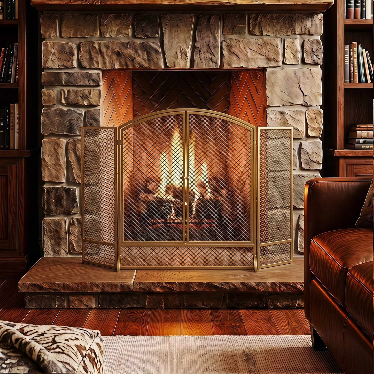 3-Panel Gold Metal Fireplace Screen with Double Doors