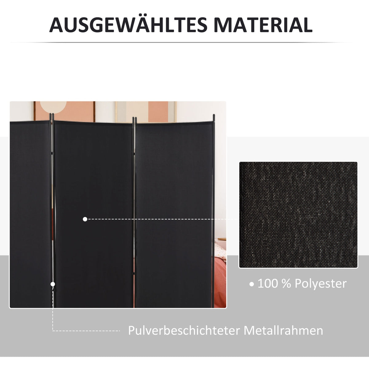 3-Panel Room Divider, Black Metal Frame, Privacy Screen