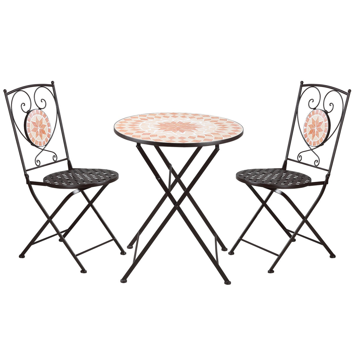 3 Pcs. Bistro Set Garden Furniture Set Balcony Set With 1 Coffee Table, 2 Folding Chairs, Seating Group With Mosaic Pattern, Metal, Coffee