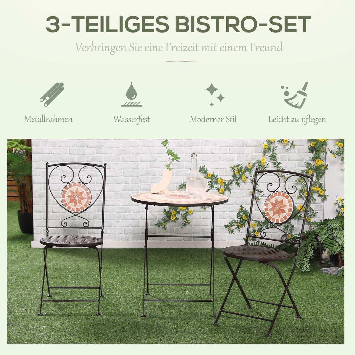 3 Pcs. Bistro Set Garden Furniture Set Balcony Set With 1 Coffee Table, 2 Folding Chairs, Seating Group With Mosaic Pattern, Metal, Coffee