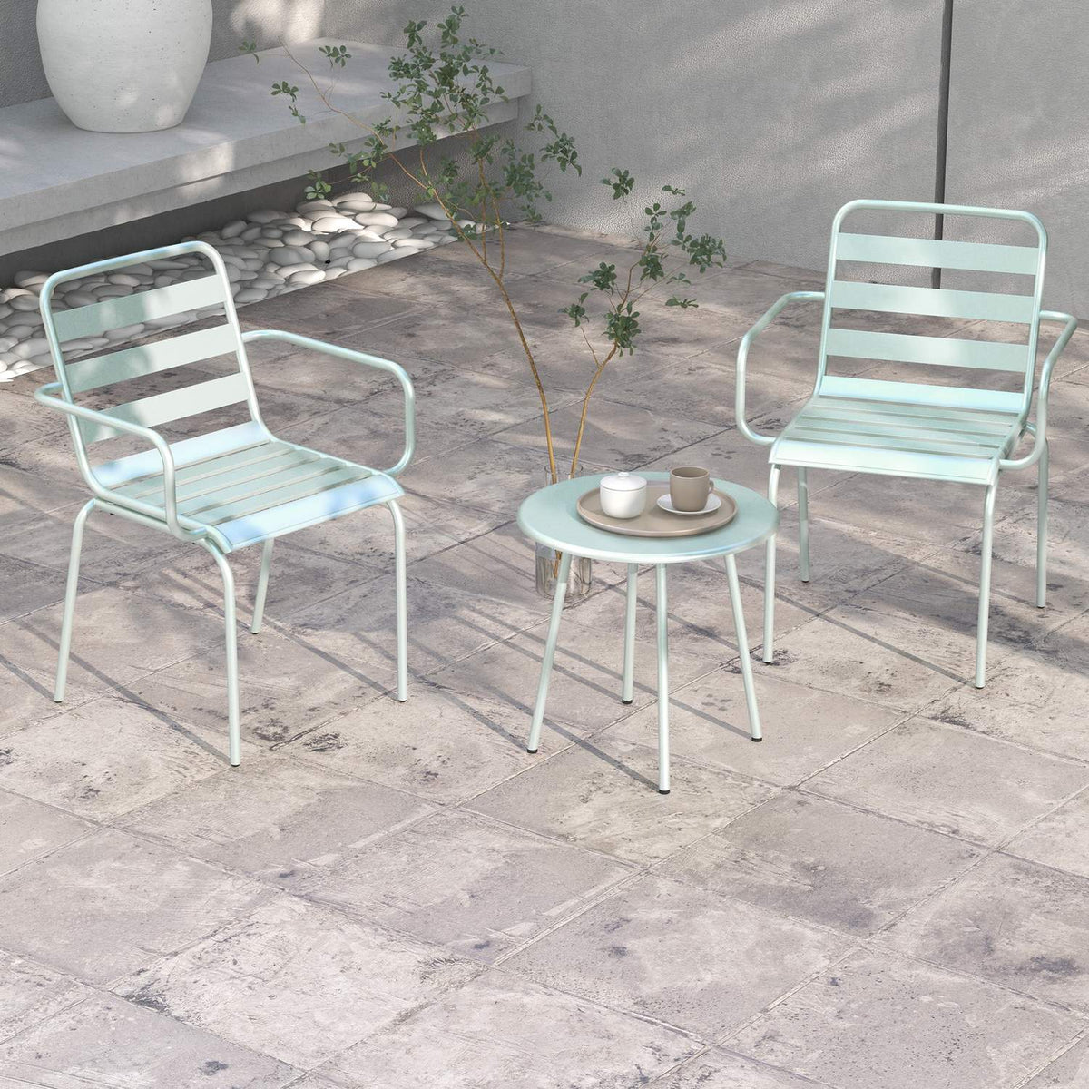 3 Pcs. Bistro Set Garden Furniture Set With 1 Coffee Table, 2 Stackable Chairs, Balcony Set, Seating Group For Balcony, Terrace, Steel, Green