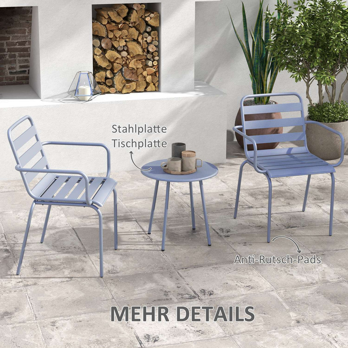 3 Pcs. Bistro Set Garden Furniture Set With 1 Coffee Table, 2 Stackable Chairs, Balcony Set, Seating Group For Balcony, Terrace, Steel, Light Gray