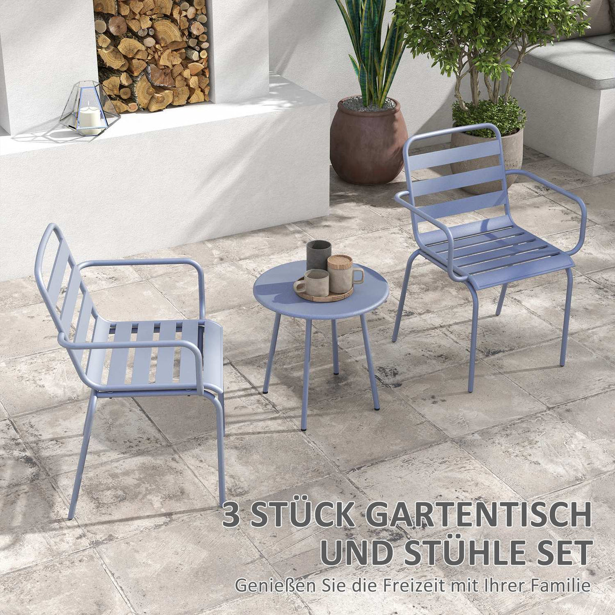 3 Pcs. Bistro Set Garden Furniture Set With 1 Coffee Table, 2 Stackable Chairs, Balcony Set, Seating Group For Balcony, Terrace, Steel, Light Gray