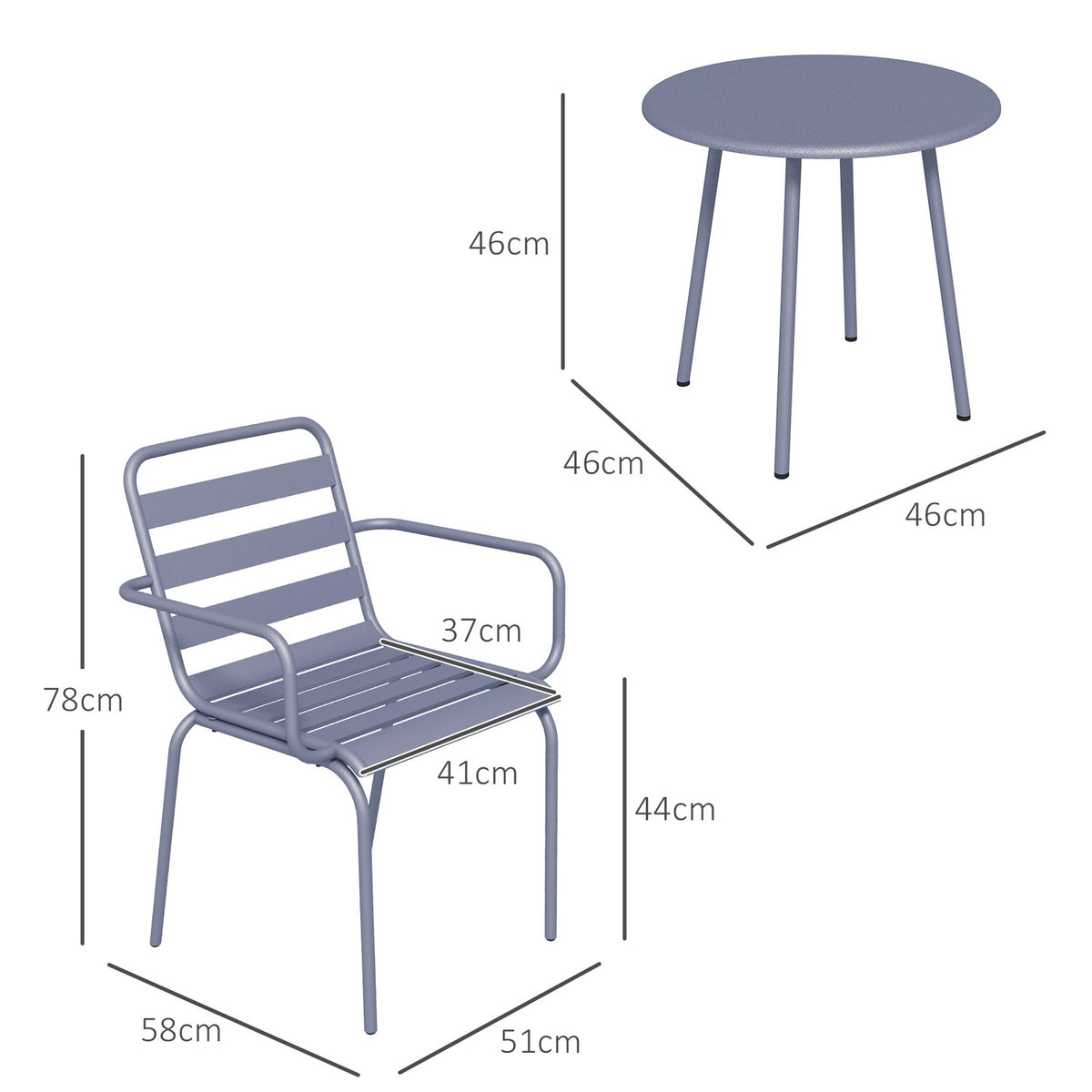 3 Pcs. Bistro Set Garden Furniture Set With 1 Coffee Table, 2 Stackable Chairs, Balcony Set, Seating Group For Balcony, Terrace, Steel, Light Gray