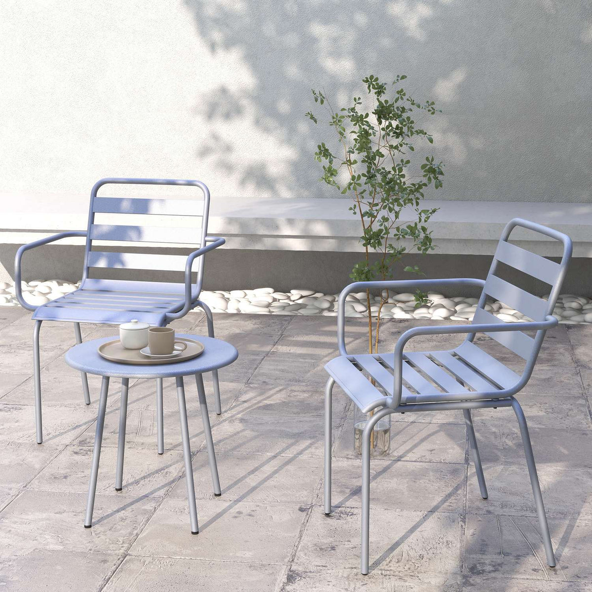 3 Pcs. Bistro Set Garden Furniture Set With 1 Coffee Table, 2 Stackable Chairs, Balcony Set, Seating Group For Balcony, Terrace, Steel, Light Gray