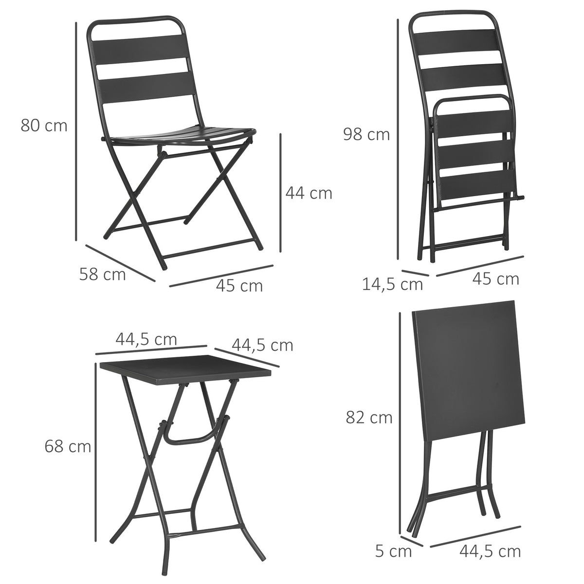 3 Pcs. Garden Furniture Set, Garden Bistro Set Including 1 Folding Table, 2 Folding Chairs, Garden Furniture For Patio, Garden, Balcony, Steel, Black