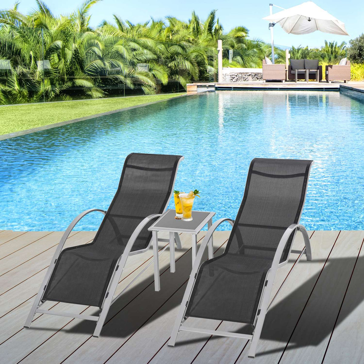 3 Pcs. Garden Lounger With Table Garden Set Garden Seating Group Garden Table Set Metal Mesh Black 2 X Armchairs 1 X Table
