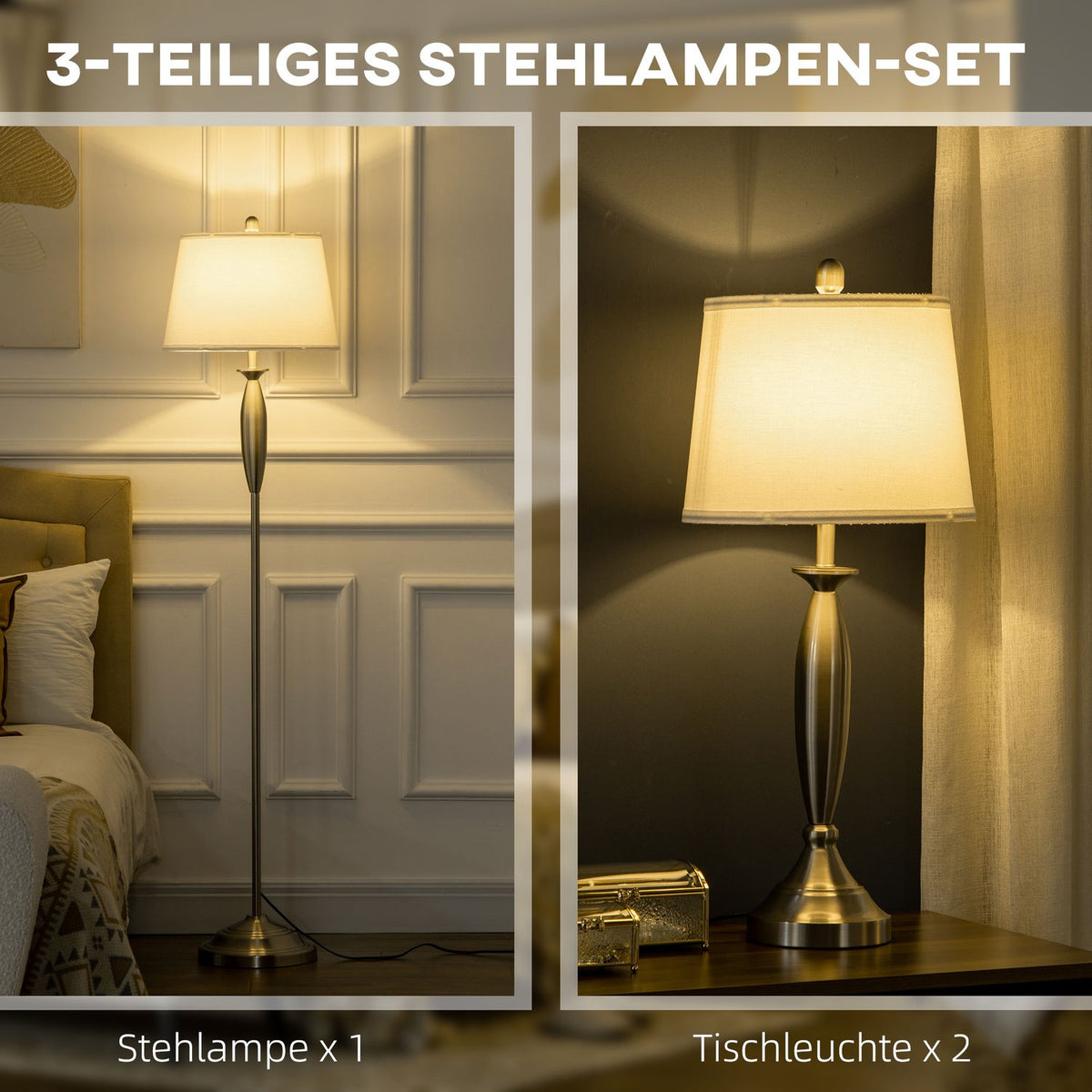 3 Pcs. Lamp Set Floor Lamp 2 Table Lamps E27 Living Room Bedroom Silver + White