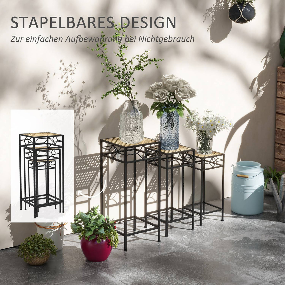 3 Pcs. Plant Stand Stackable Flower Stool Flower Pot Holder With Rattan Look Plant Stool For Garden Balcony Metal Gold