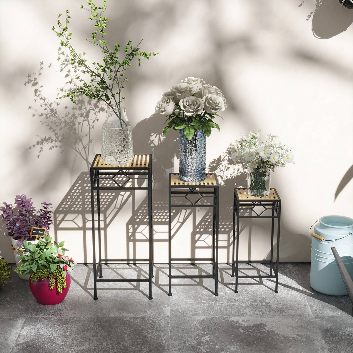 3 Pcs. Plant Stand Stackable Flower Stool Flower Pot Holder With Rattan Look Plant Stool For Garden Balcony Metal Gold
