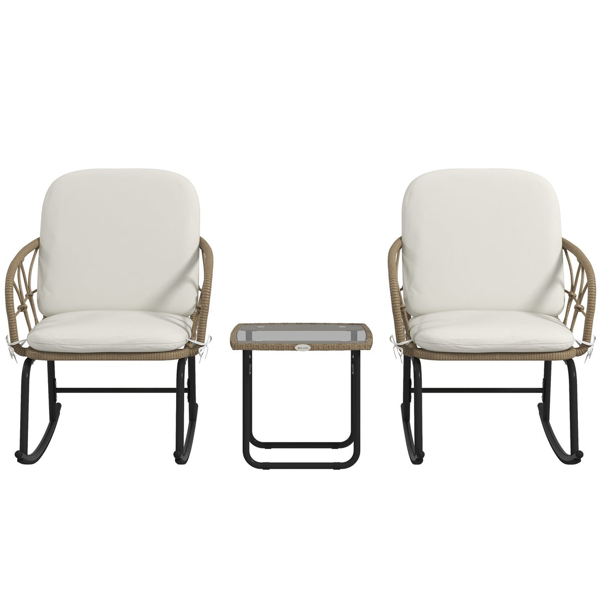 3 Pcs. Rat Rocking Chair Set, Garden Furniture Set With 2 Rocking Chairs, 1 Coffee Table, Garden Seating Group With Cushions