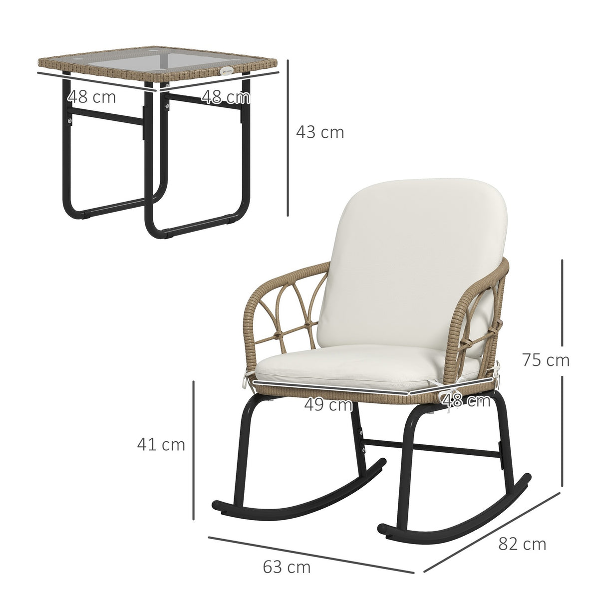 3 Pcs. Rat Rocking Chair Set, Garden Furniture Set With 2 Rocking Chairs, 1 Coffee Table, Garden Seating Group With Cushions