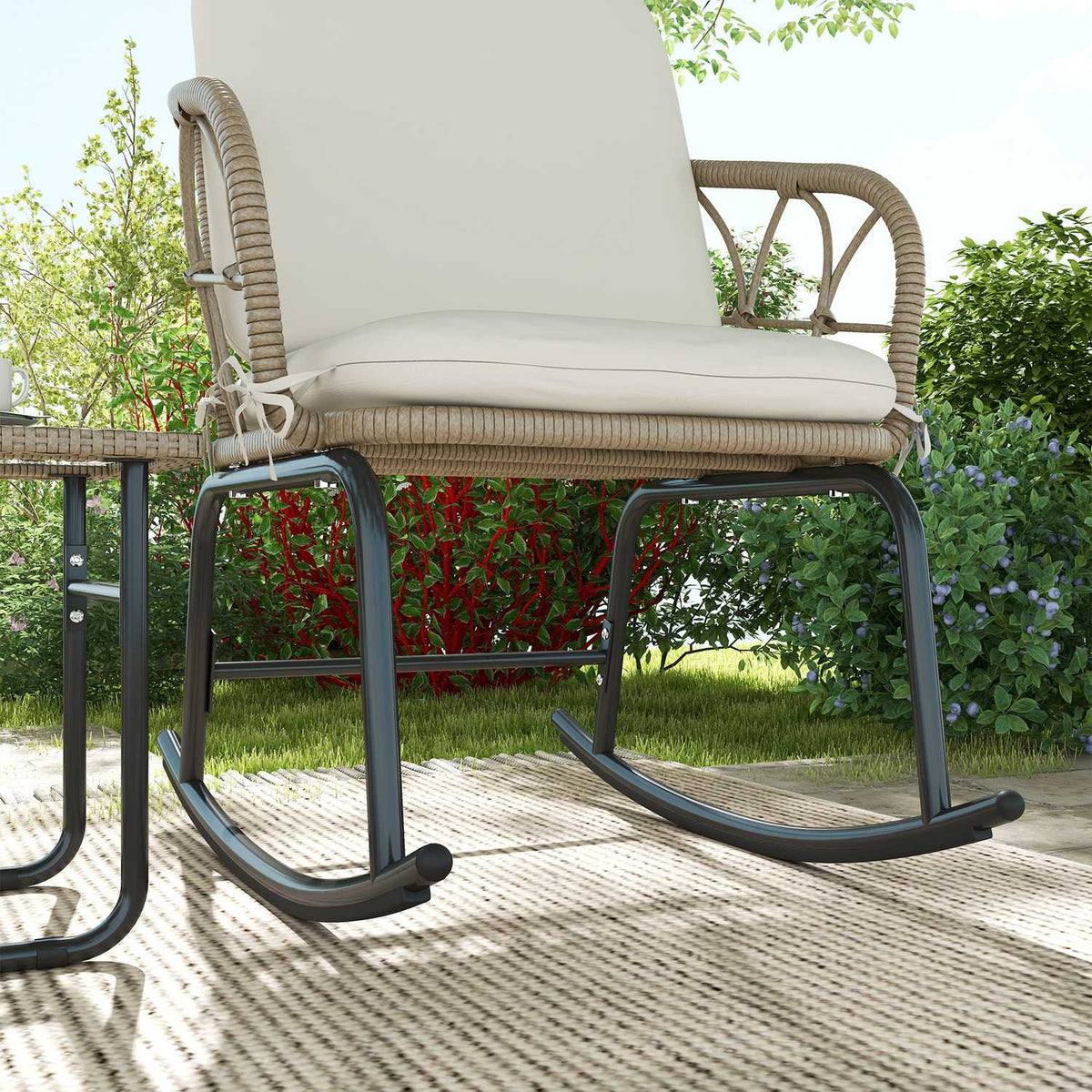 3 Pcs. Rat Rocking Chair Set, Garden Furniture Set With 2 Rocking Chairs, 1 Coffee Table, Garden Seating Group With Cushions