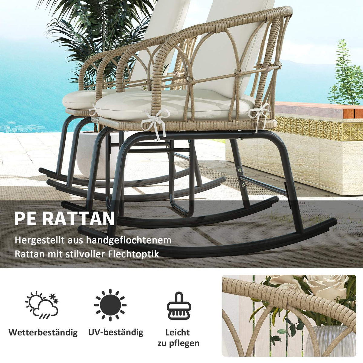 3 Pcs. Rat Rocking Chair Set, Garden Furniture Set With 2 Rocking Chairs, 1 Coffee Table, Garden Seating Group With Cushions
