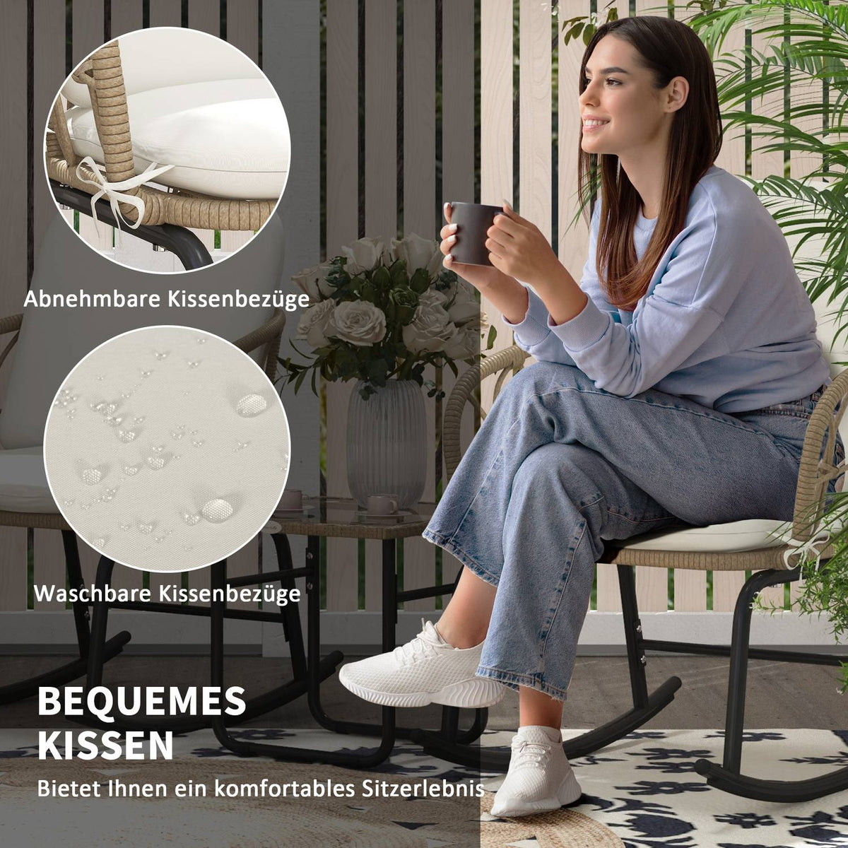 3 Pcs. Rat Rocking Chair Set, Garden Furniture Set With 2 Rocking Chairs, 1 Coffee Table, Garden Seating Group With Cushions