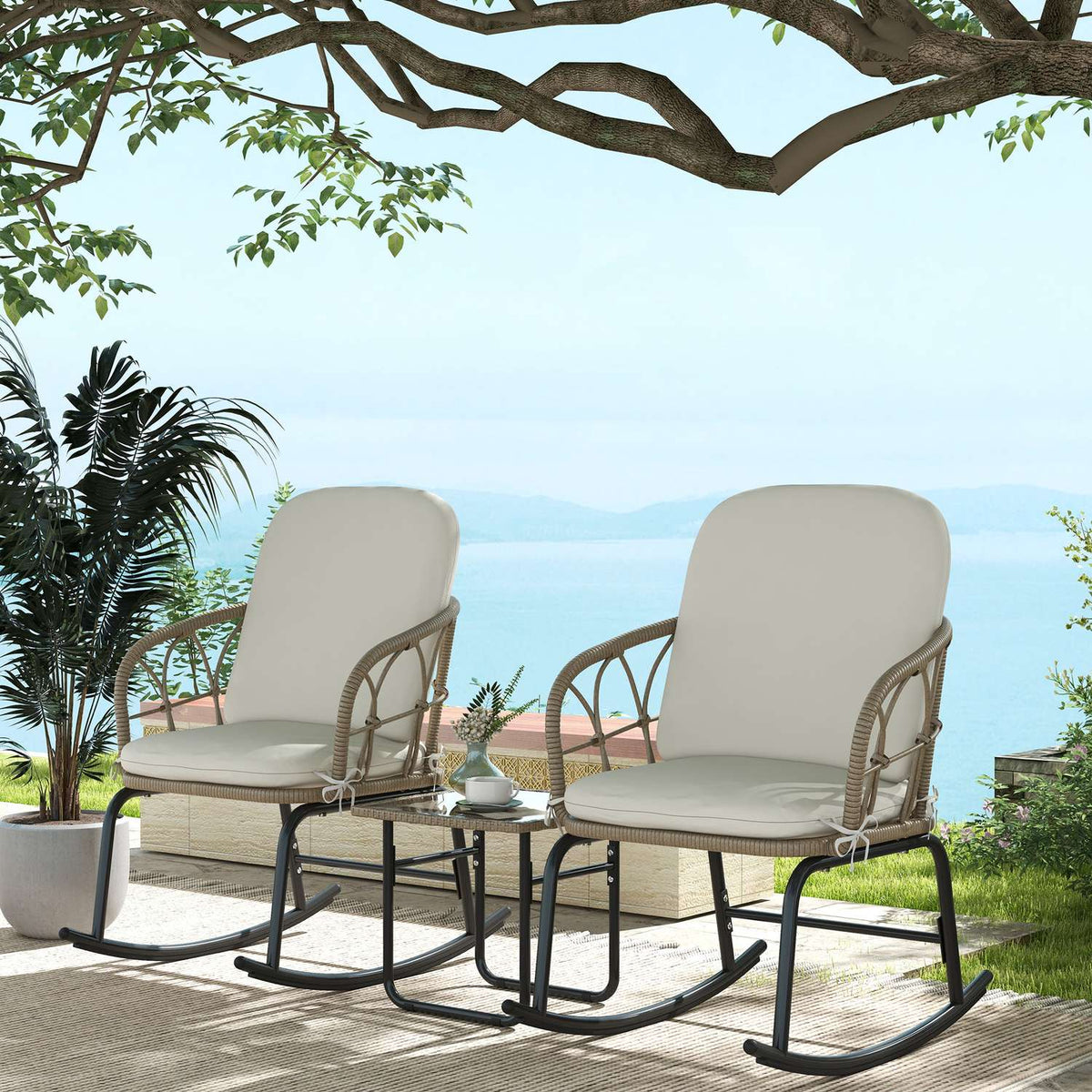 3 Pcs. Rat Rocking Chair Set, Garden Furniture Set With 2 Rocking Chairs, 1 Coffee Table, Garden Seating Group With Cushions
