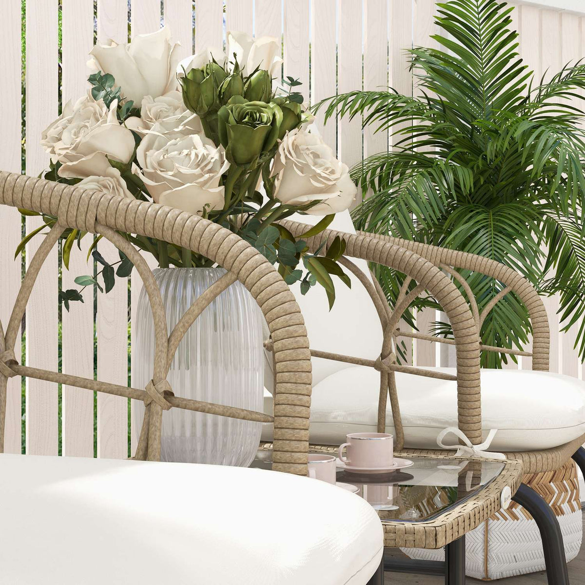 3 Pcs. Rat Rocking Chair Set, Garden Furniture Set With 2 Rocking Chairs, 1 Coffee Table, Garden Seating Group With Cushions
