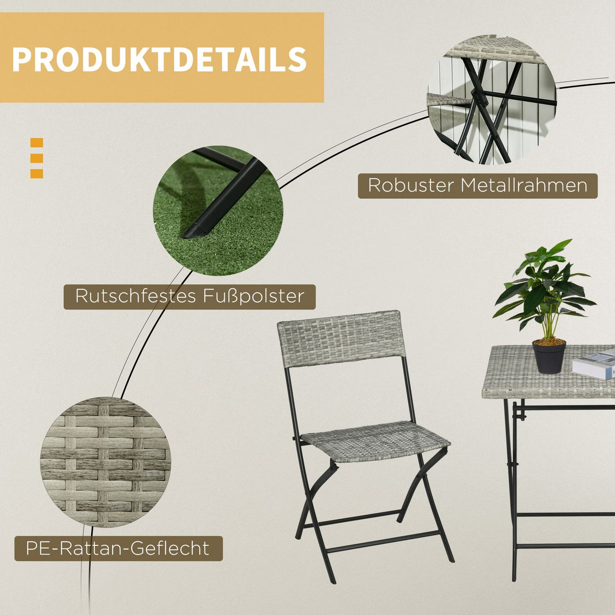 3 Pcs. Rats Balcony Furniture Set, Bistro Set With 2 Folding Chairs, Folding Table, Garden Furniture Set, Seating Group, Seating Set, Metal, Light Gray