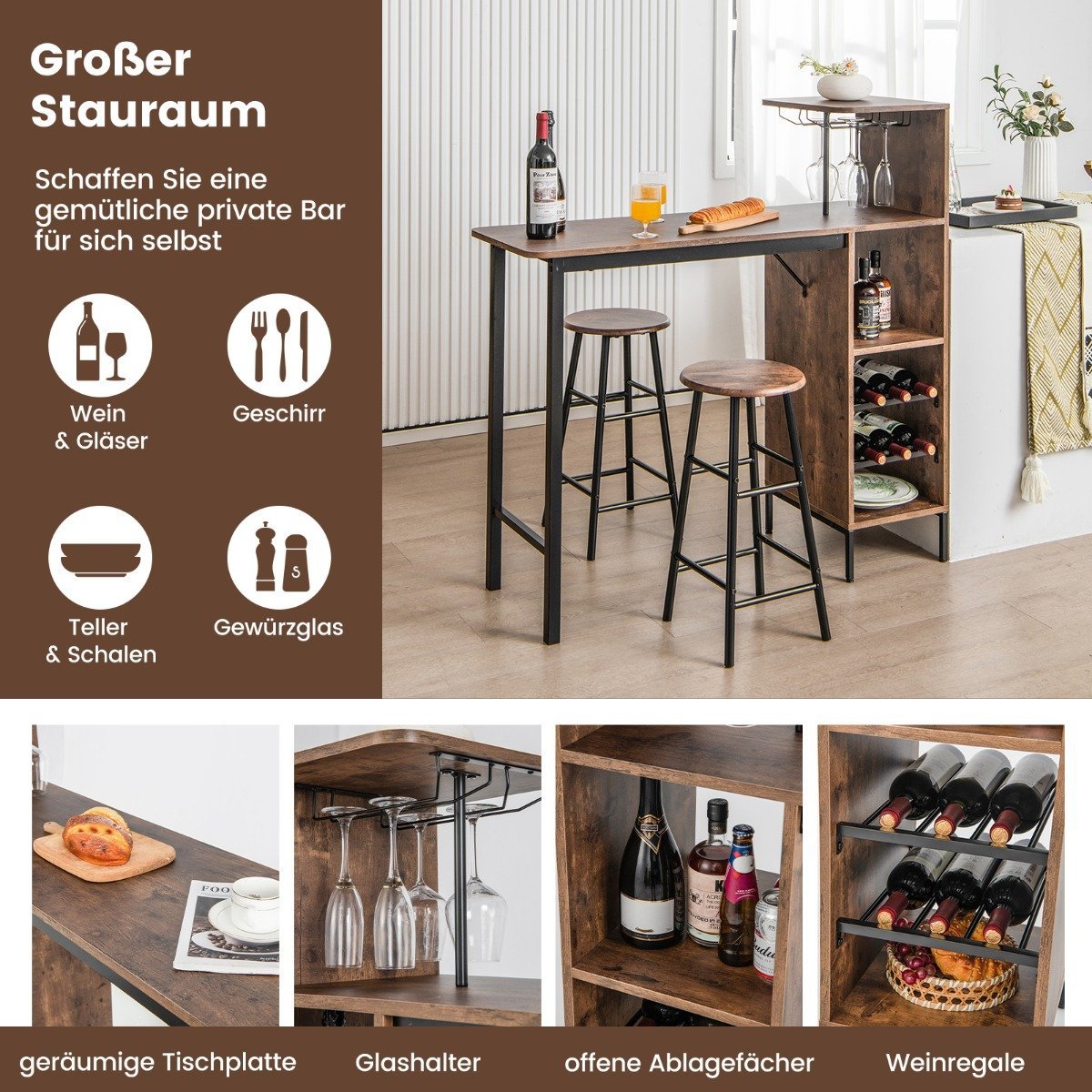3 Piece Bar Table & Chair Set Industrial Pub Table & Stool Coffee
