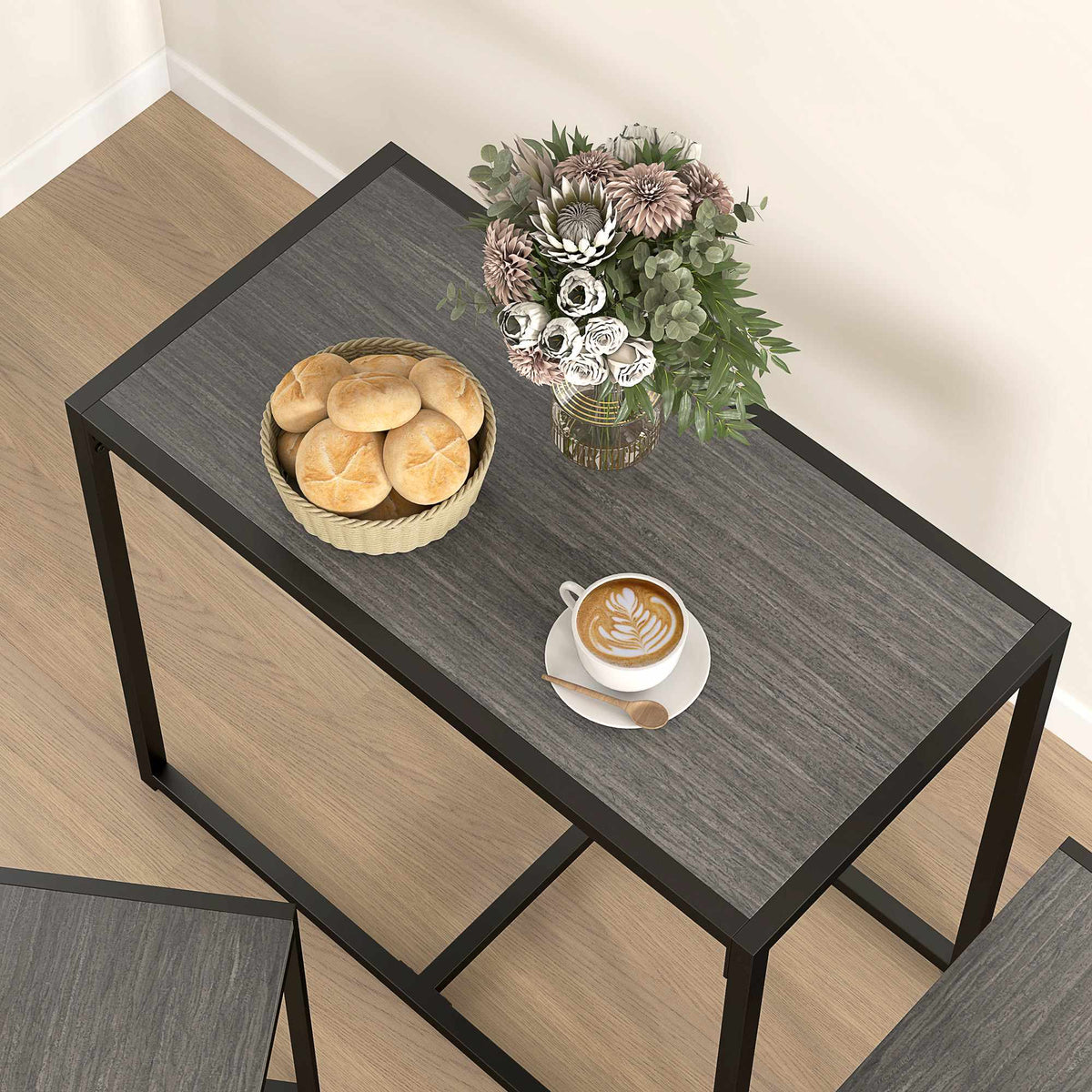 3-Piece Bar Table Set with 2 Chairs, Grey MDF, Steel Frame