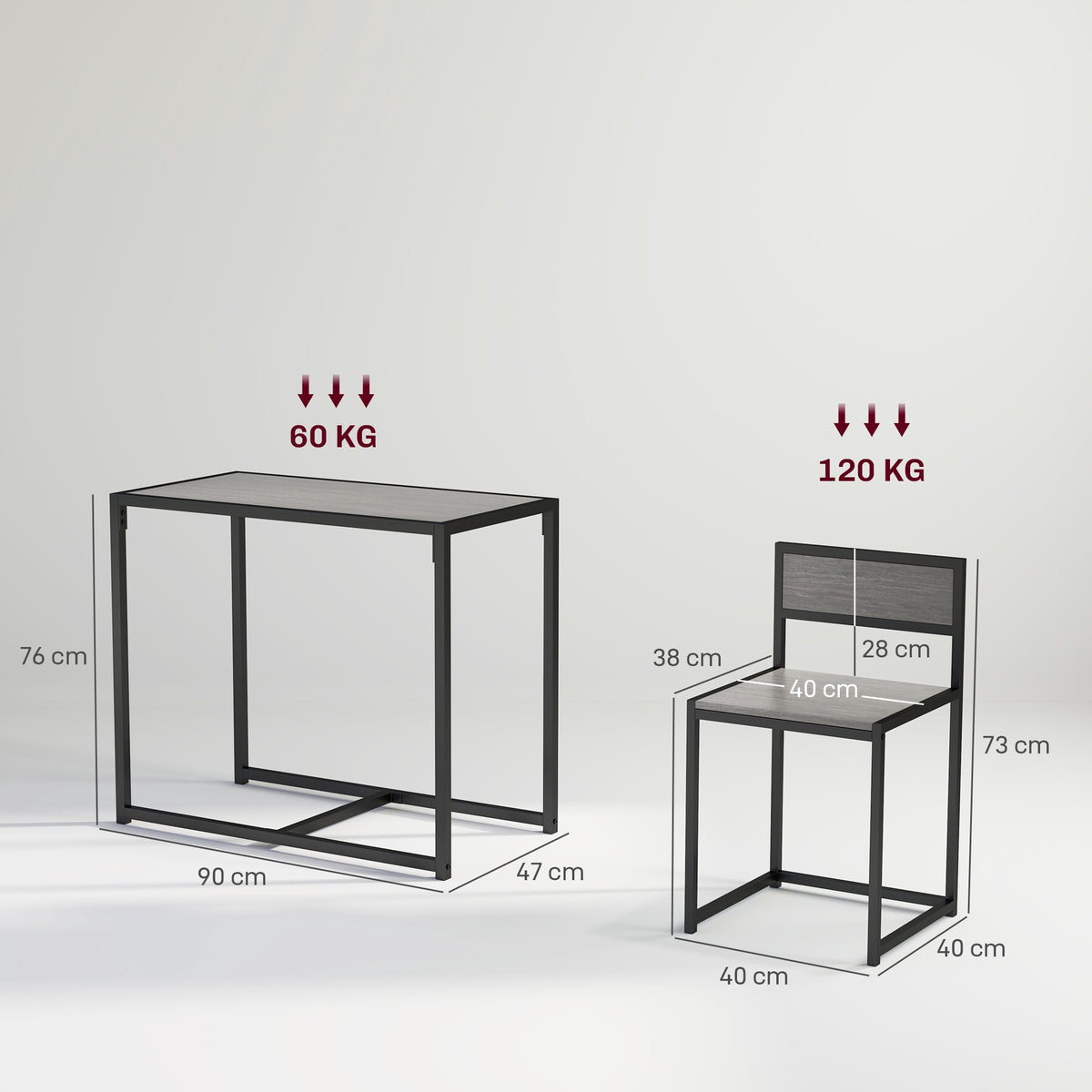 3-Piece Bar Table Set with 2 Chairs, Grey MDF, Steel Frame