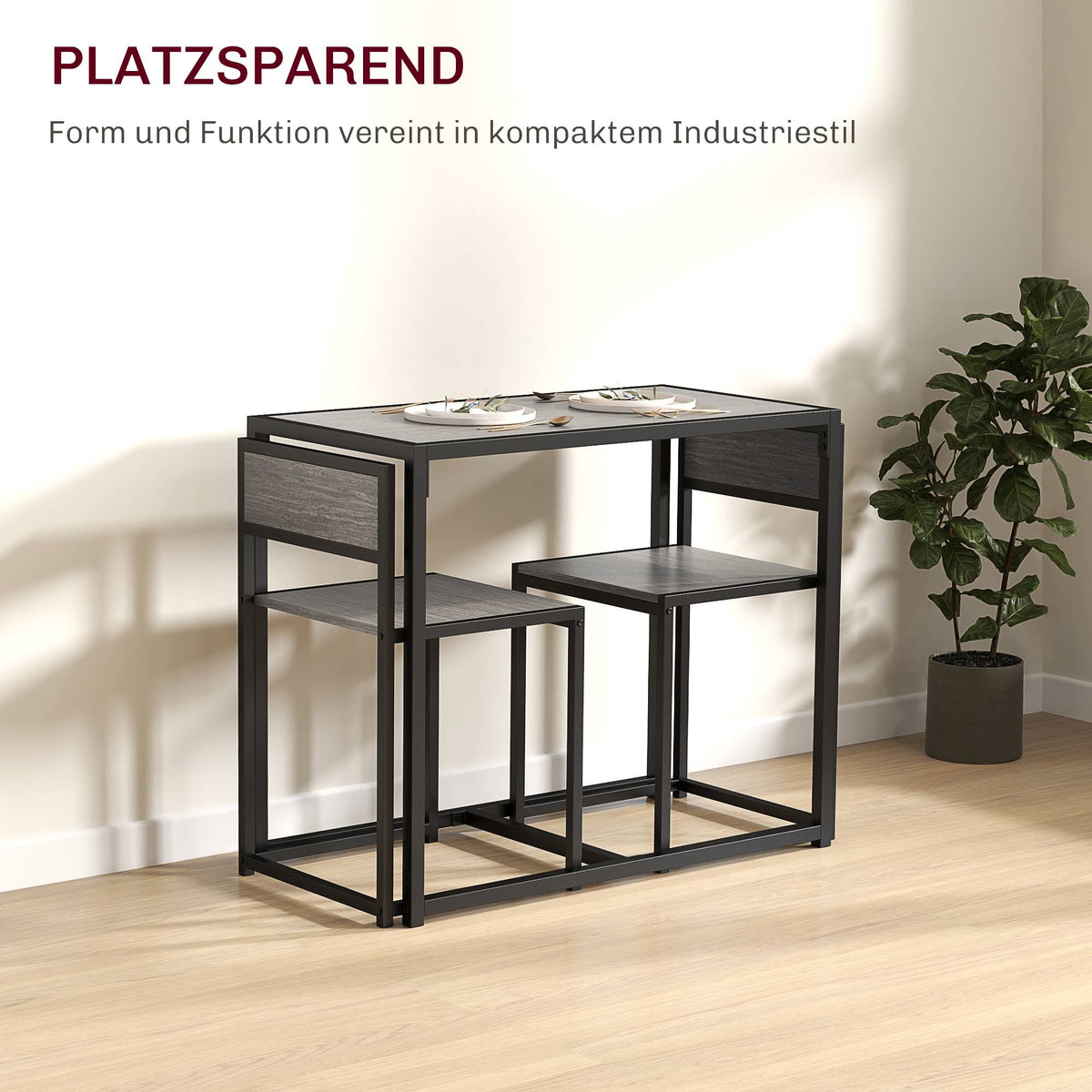 3-Piece Bar Table Set with 2 Chairs, Grey MDF, Steel Frame