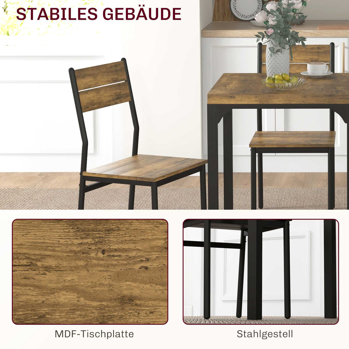 3-Piece Dining Set, Table and 2 Chairs, MDF & Metal, Brown
