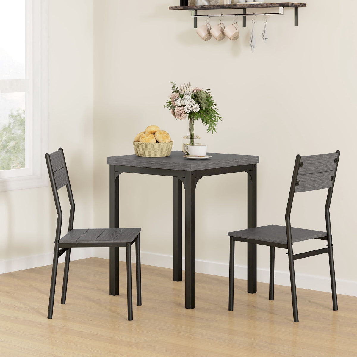 3-Piece Dining Set, Table and 2 Chairs, MDF & Metal, Gray