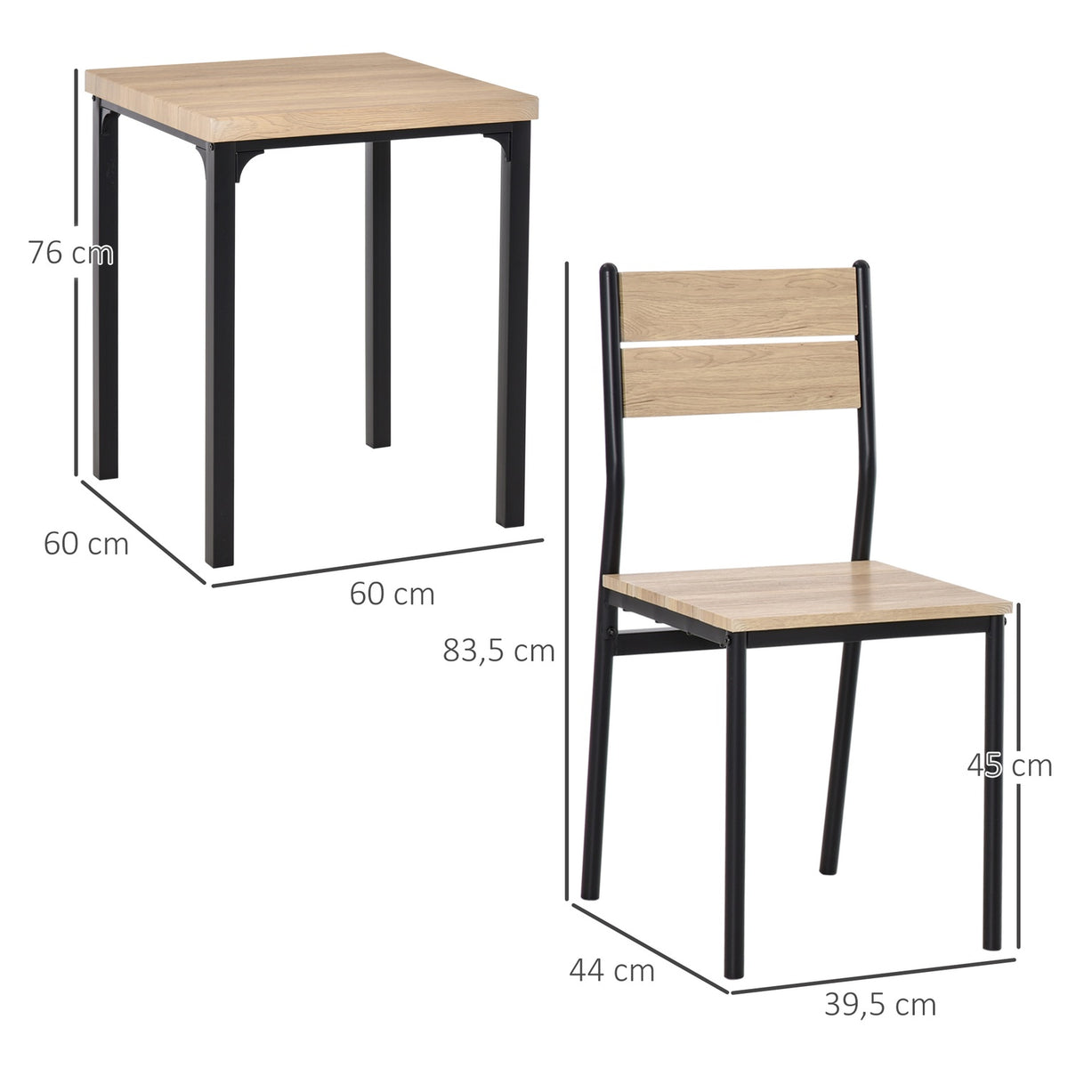 3-Piece Dining Set With Wooden Table Mdf + Metal, Natural Wood Grain + Black, 1 Table + 2 Chairs