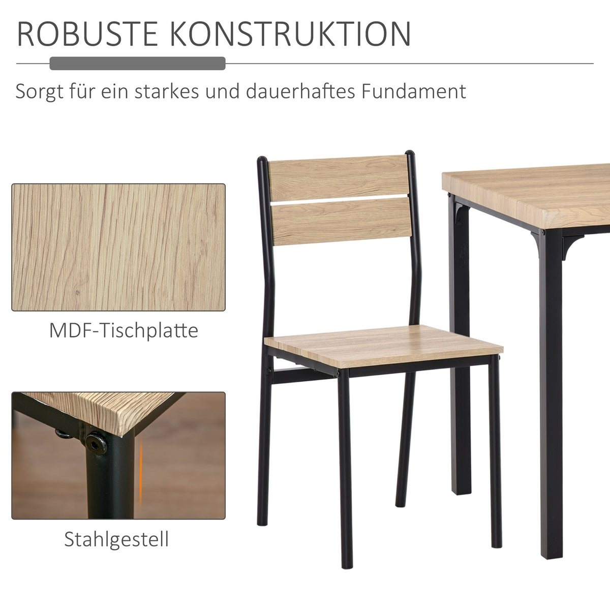3-Piece Dining Set With Wooden Table Mdf + Metal, Natural Wood Grain + Black, 1 Table + 2 Chairs