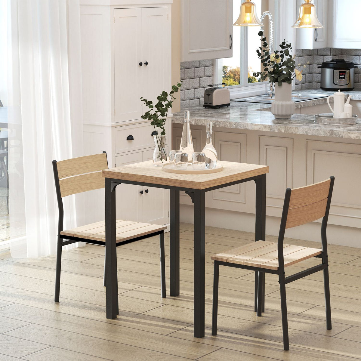 3-Piece Dining Set With Wooden Table Mdf + Metal, Natural Wood Grain + Black, 1 Table + 2 Chairs