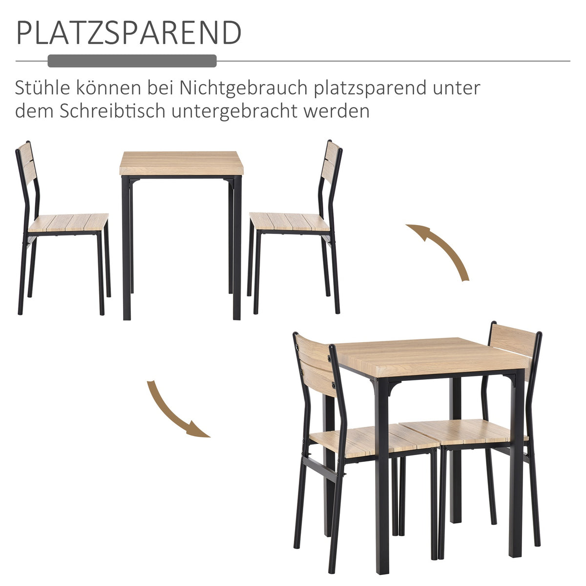 3-Piece Dining Set With Wooden Table Mdf + Metal, Natural Wood Grain + Black, 1 Table + 2 Chairs