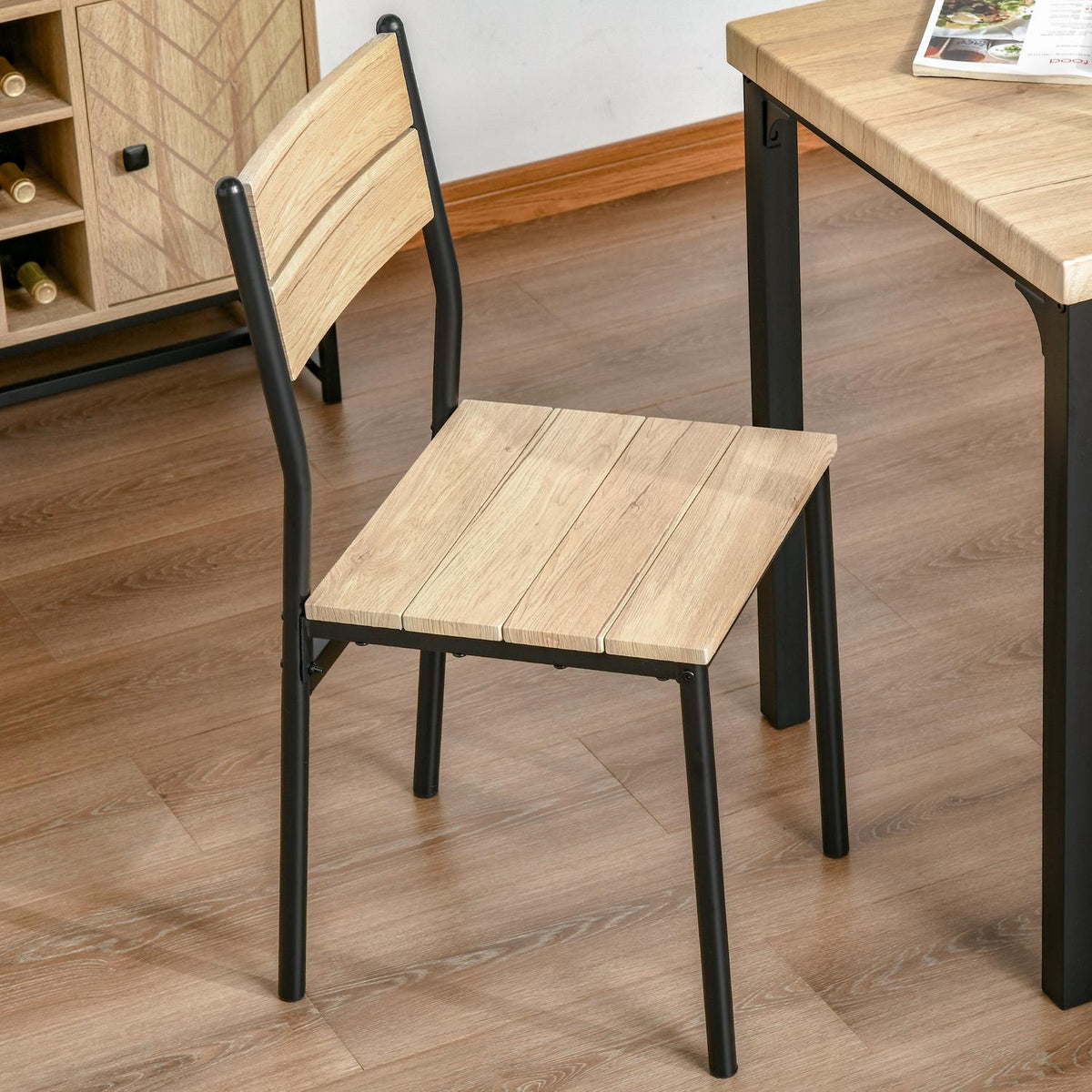 3-Piece Dining Set With Wooden Table Mdf + Metal, Natural Wood Grain + Black, 1 Table + 2 Chairs